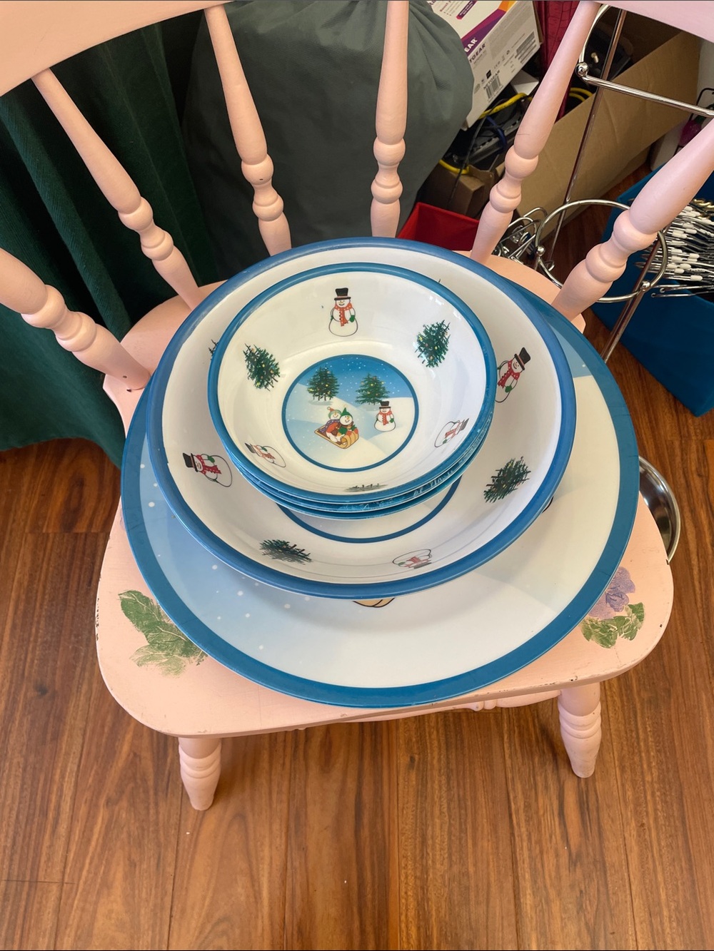 Festive Blue & White Snowman Dinnerware Bowl Set